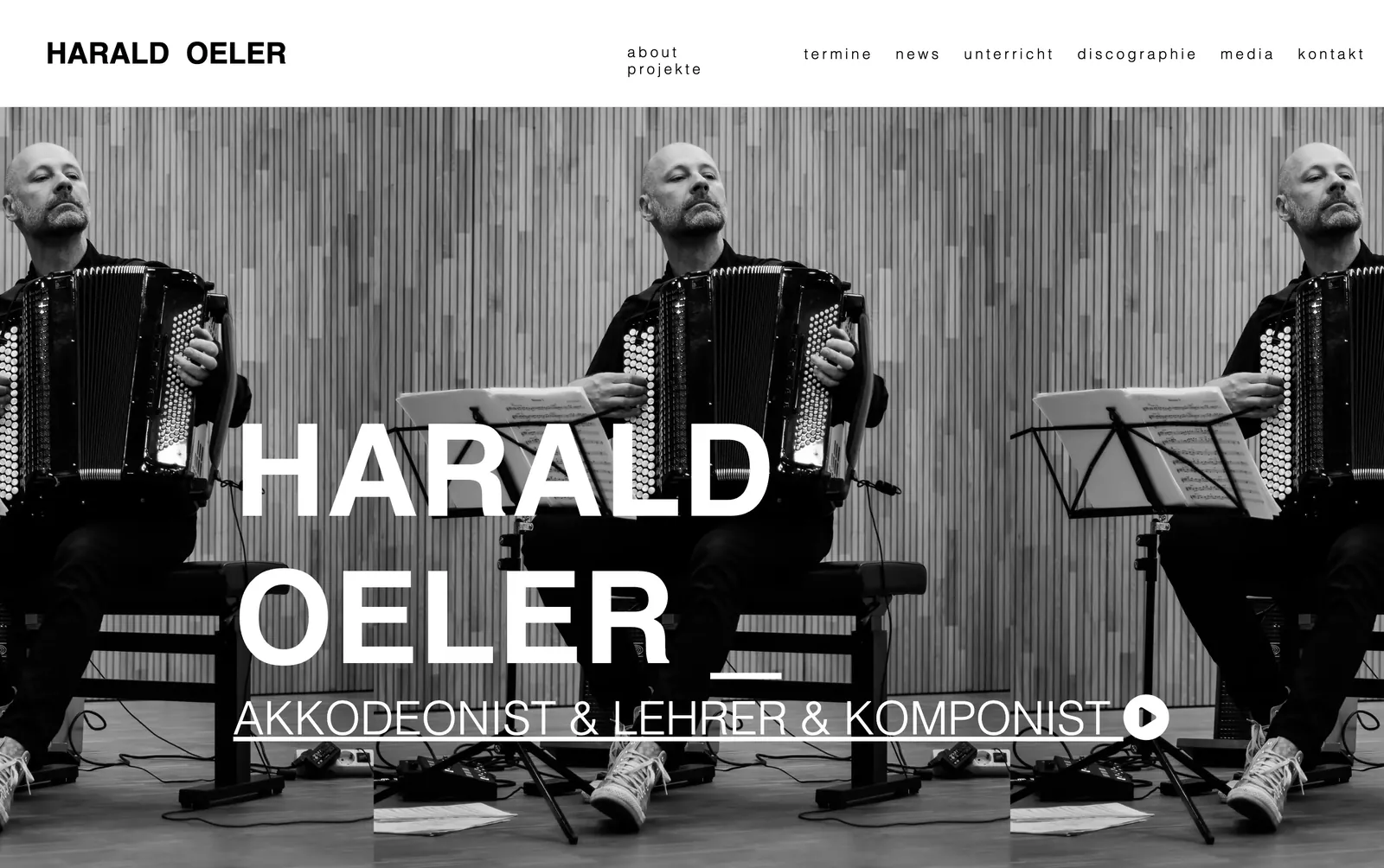 Screenshot der ersten haraldoeler.com-Startseite mit Portrait am Akkordeon und Navigationsmenü