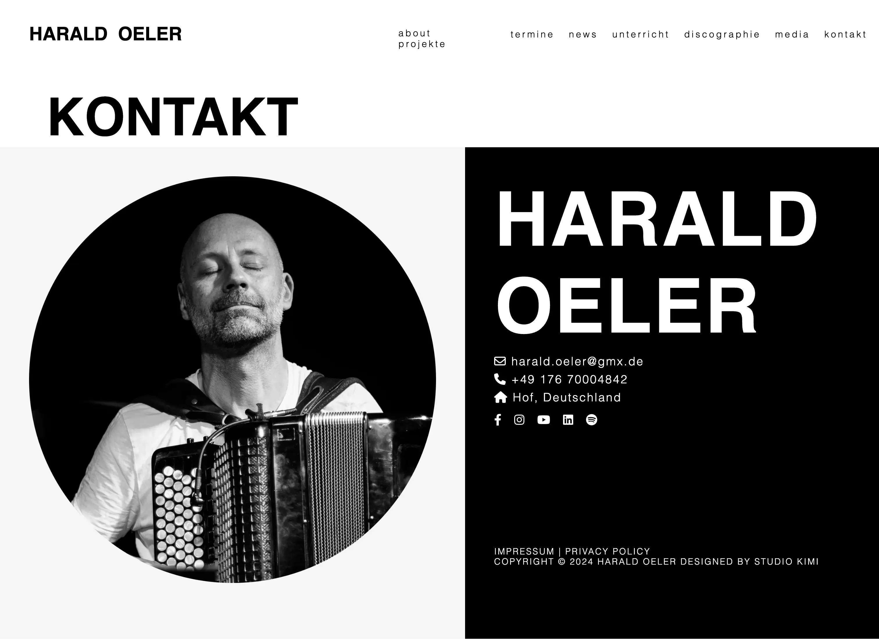 Screenshot der Kontakt-Seite der ersten Website mit Portrait und Kontaktdaten