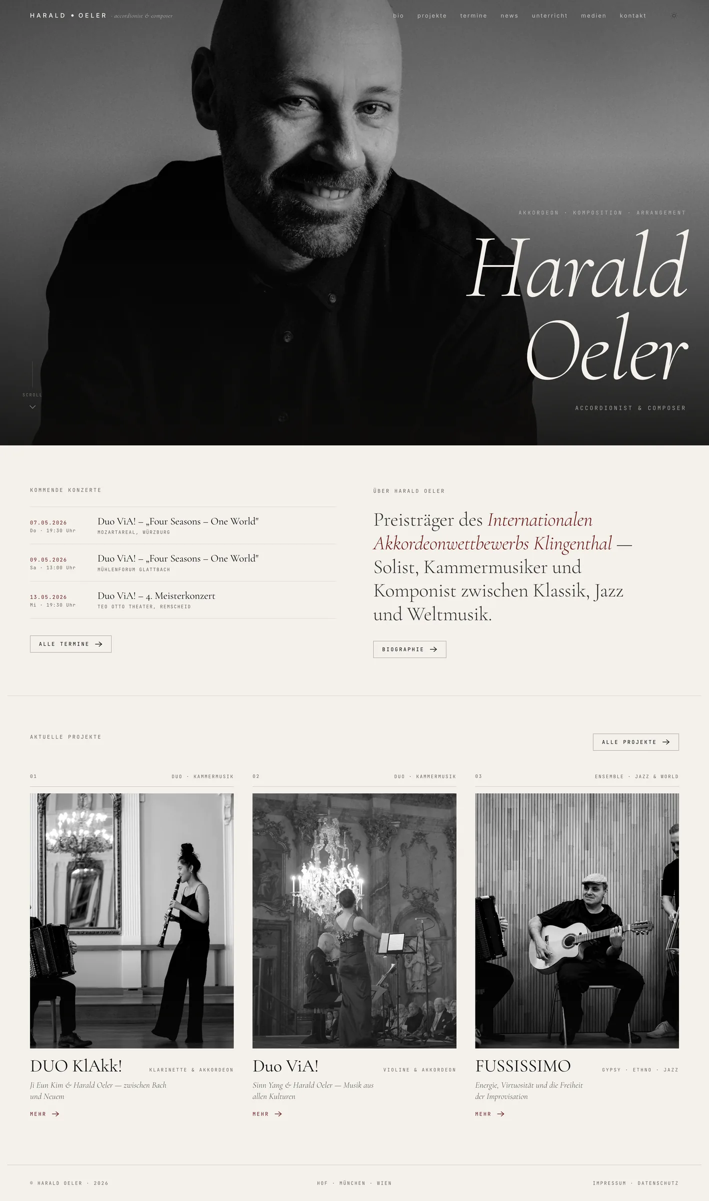Screenshot der neuen haraldoeler.com-Startseite mit Hero-Portrait, Konzerten und Projektkarten