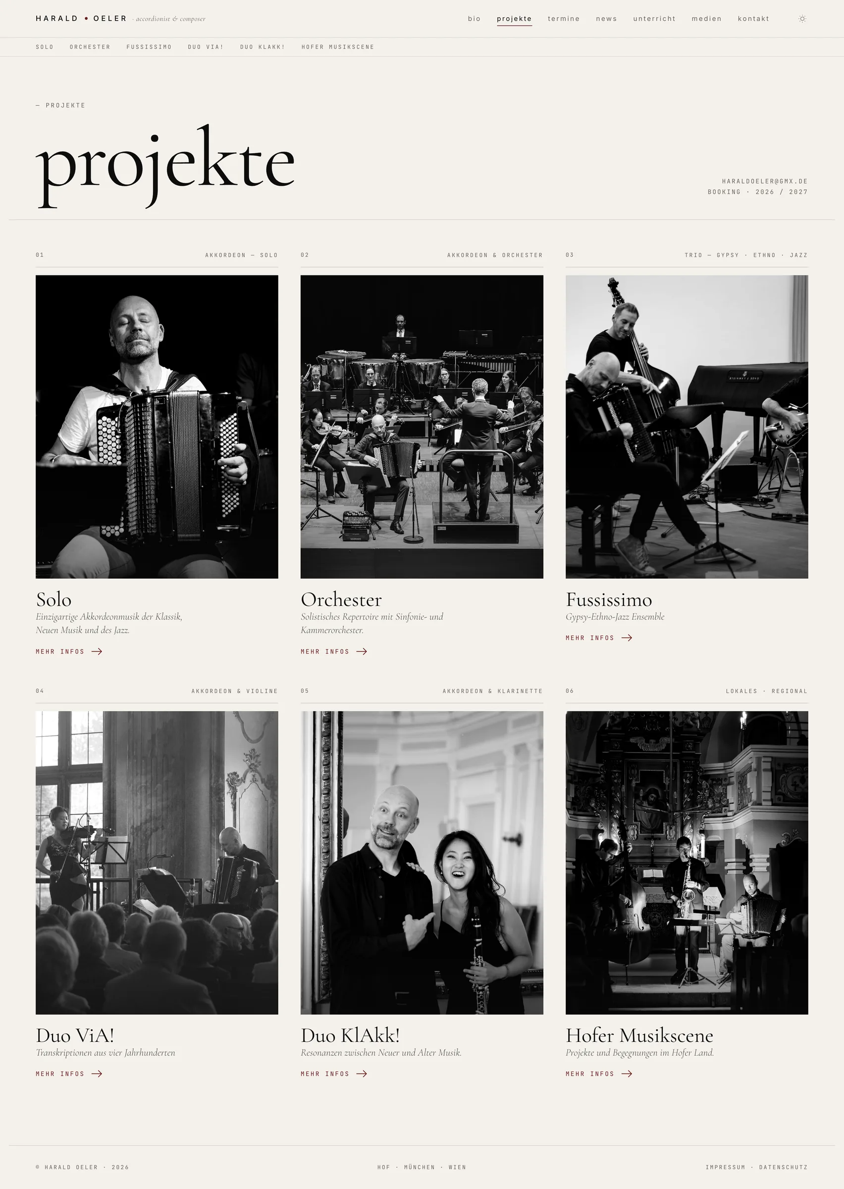 Screenshot der Projekte-Übersicht der neuen Website mit Solo-, Duo- und Ensemble-Karten